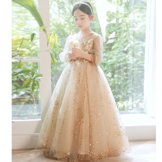 妙妙屋~~花童禮服 中長袖鋼琴表演長禮服 音樂會.大提琴.古箏長裙 簡約優雅亮片禮服 澎澎紗裙