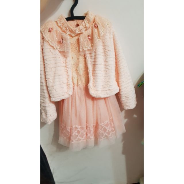 兒童洋裝 粉橘色蕾絲洋裝16號 含外套