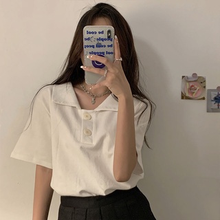 法式淑女polo衫正肩t恤短袖女設計感小眾鹽系翻領上衣顯瘦新款潮