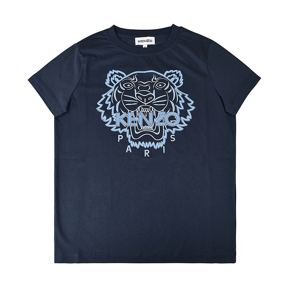 KENZO藍字印花LOGO虎頭設計純棉女款短袖T恤(藍黑x藍)