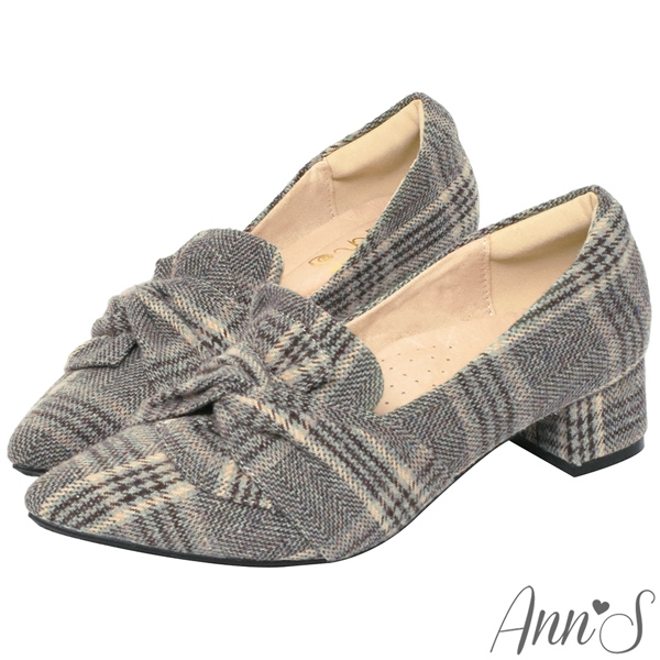 Ann’S氣質扭結毛呢格紋粗跟尖頭鞋3cm-灰