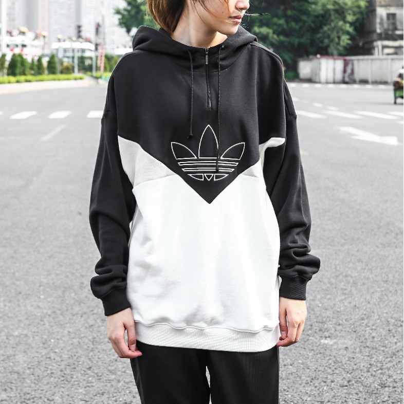 Adidas Originals 三葉草刺繡LOGO 休閒大學T 純棉撞色拼接帽T DH3024 黑白| 蝦皮購物