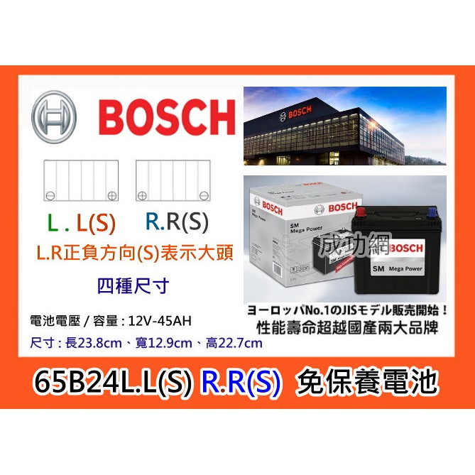 $成功網$ BOSCH 65B24L 免保養車用電瓶 電池內阻極低冷起動能力CCA較高放電率極低