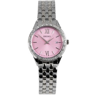 SEIKO WATCH 精工施華洛世奇晶鑽銀色系粉紅面女性鋼帶石英腕錶 型號：SUR693P1【神梭鐘錶】