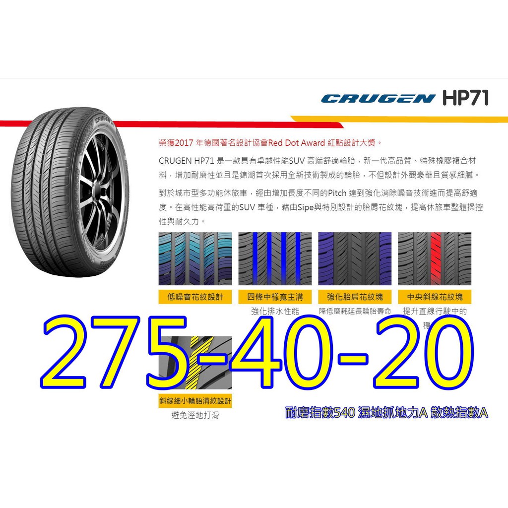 桃園 小李輪胎 錦湖 KUMHO HP71 275-40-20 SUV 靜音 舒適 高品質 全系列 規格 特價 歡迎詢價