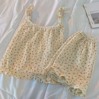 🔆小甜甜日系美衣👙夏季新款睡衣女甜美可愛櫻桃碎花小吊帶睡衣女薄款家居服兩件套裝