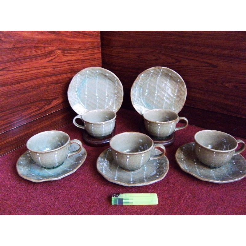 綠裂釉白線 咖啡杯 5杯5盤 禮盒 馬克杯 花茶杯 水杯 杯子 盤子 餐具 日本製 陶瓷 可使用電鍋 微波爐 s11