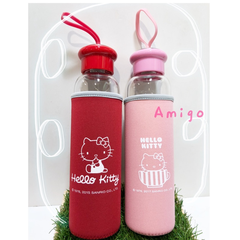 《朋友禮品》台灣正版三麗鷗 Hello Kitty 凱蒂貓 隨身瓶 玻璃瓶 水壺 玻璃 耐熱玻璃瓶 水杯 玻璃瓶 水壺袋