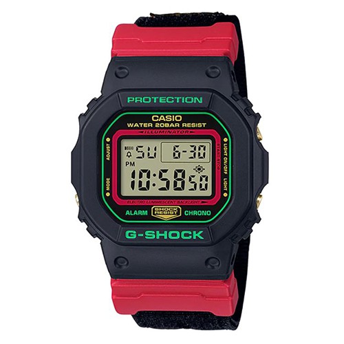 【CASIO】G-SHOCK 聖誕風格方框帆布錶帶電子錶-黑(DW-5600THC-1)