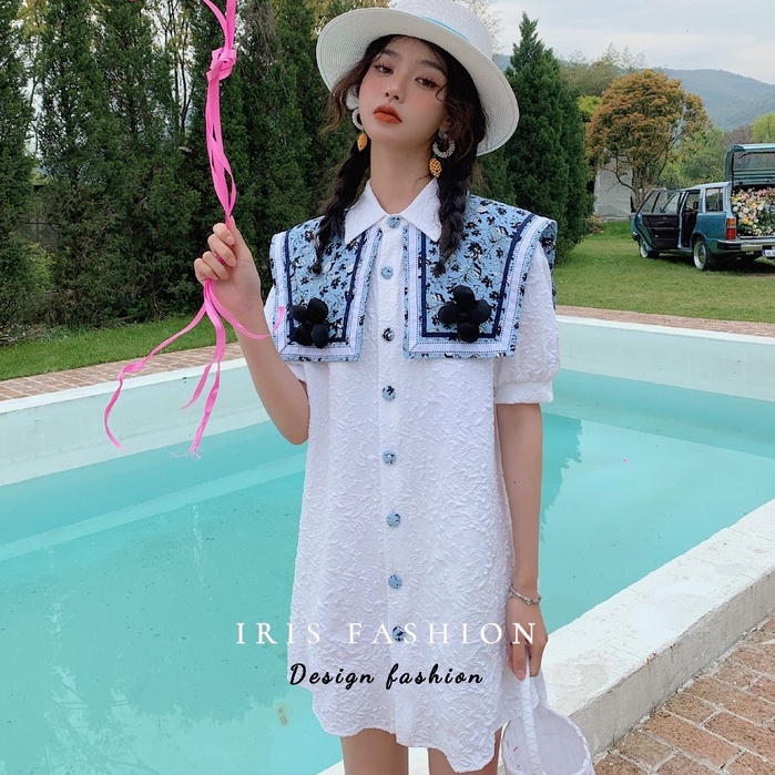 Iris Fashion-go to travel 小眾原創設計IDA012披肩領刺繡花朵女士短袖洋裝 夏新品正品保證