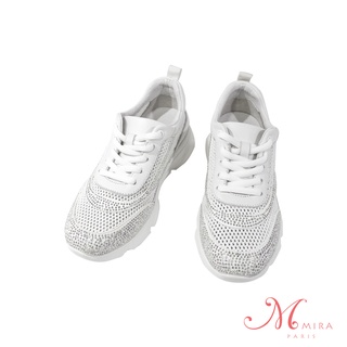 MIRA 真皮網布透氣燙鑽休閒鞋-白-W18454N09