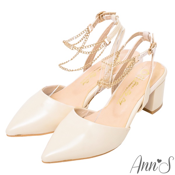 Ann’S優雅心動-腳鍊造型金鍊粗跟尖頭鞋5.5cm-杏