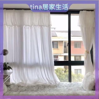 遮光窗簾 韓式公主風ins窗簾白色簡約現代成品客廳臥室飄窗雙層窗紗簾 蕾絲 雙層飄窗 窗簾布 掛鈎窗簾 遮光簾 落地窗簾