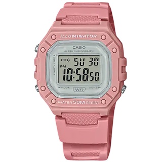 CASIO 卡西歐 / 復古方型 計時碼錶 LED照明 鬧鈴 電子手錶 珊瑚粉色 / W-218HC-4A / 42mm