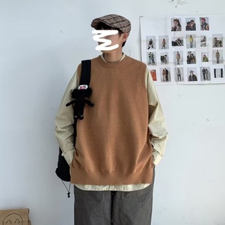 【M-2XL】韓版素色簡約圓領針織背心男士百搭學院風卡其色無袖毛衣