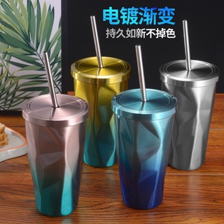 臺灣現貨 時尚菱形漸變吸管隨行杯 500ml不鏽鋼保溫杯 咖啡杯 車載隨身杯 不鏽鋼手搖茶專用杯 飲料杯 不鏽鋼果汁杯