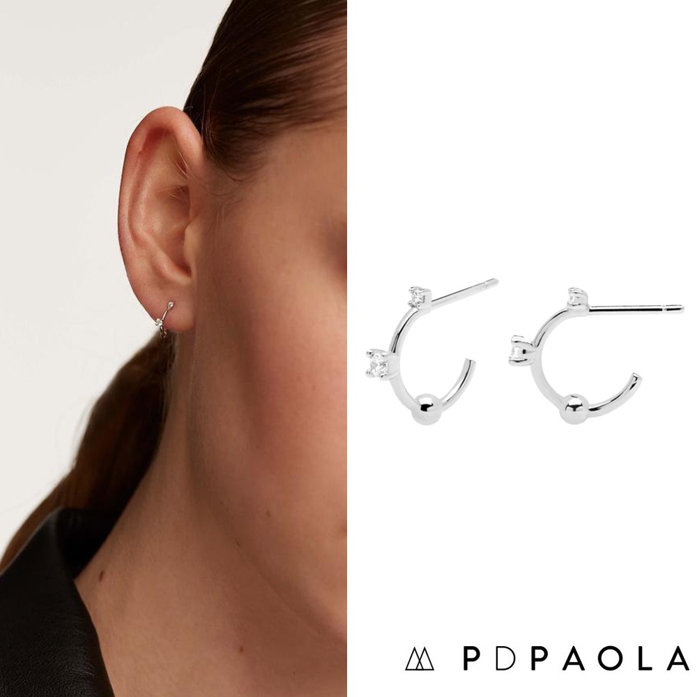 PD PAOLA 西班牙時尚潮牌 鑲鑽C型耳環 銀色小圓耳環 925純銀 KAYA SILVER