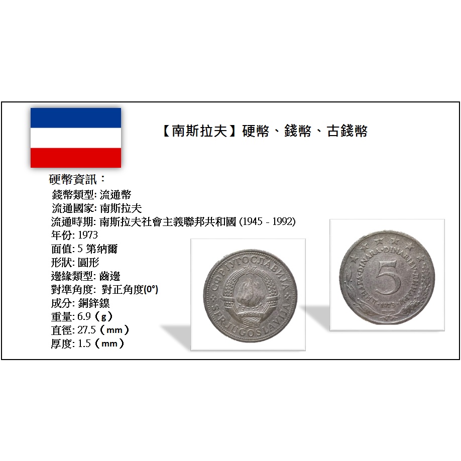 【南斯拉夫】硬幣、錢幣、古錢幣_ 5第納爾 _ 南斯拉夫社會主義聯邦共和 _ 1973年