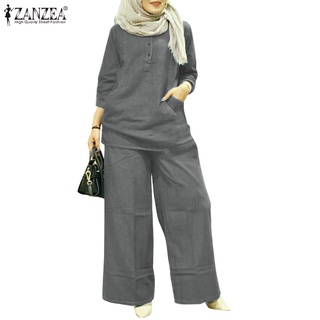 Zanzea 女士穆斯林復古純色套裝優雅 3 / 4 袖上衣 + 鬆緊腰褲