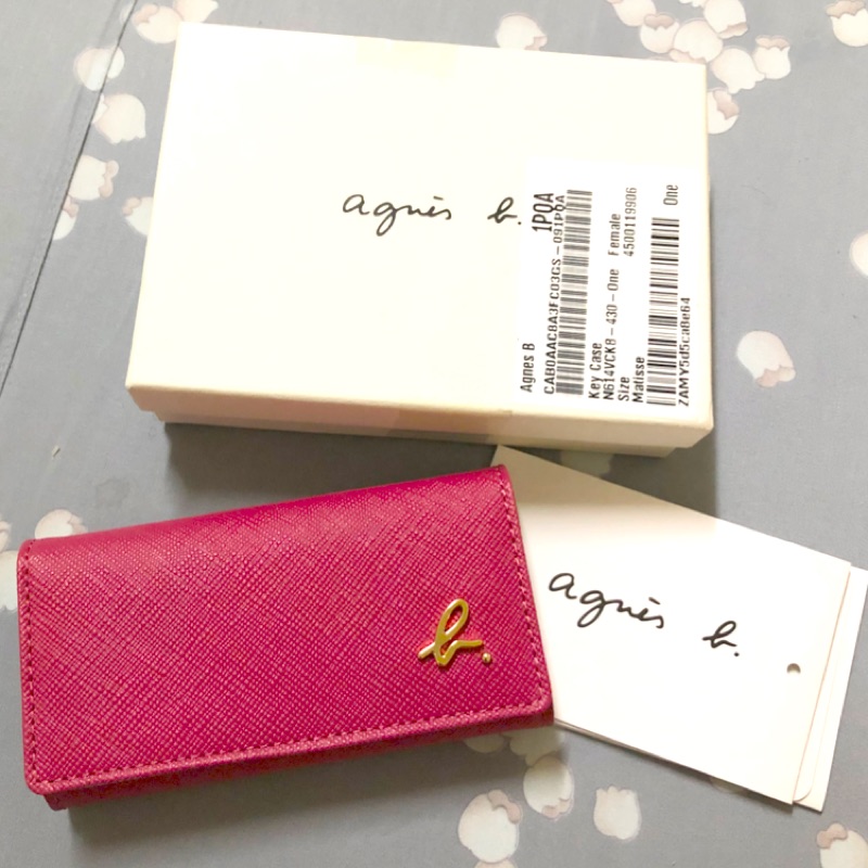 Agnes B 小b 立體金字logo 真皮牛皮甜美粉杏色鑰匙包收納包專櫃正品全新名牌精品包 蝦皮購物