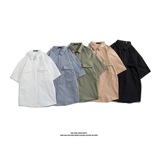 5 色【 M-3XL 】新潮品牌時尚短袖襯衫男士個性口袋半袖襯衫大碼休閒襯衫