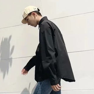 長袖襯衫男 M-2XL 工裝襯衣 素色襯衫 韓版休閒襯衫男 黑色/白色 ins長袖衣著 日系寬松長袖襯衣 學院風百搭襯衫