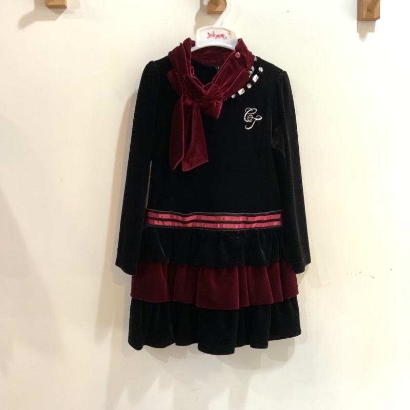 經典泰迪熊-女童-棉絨黑拼接酒紅洋裝（附活動領結） 尺寸-120/150cm