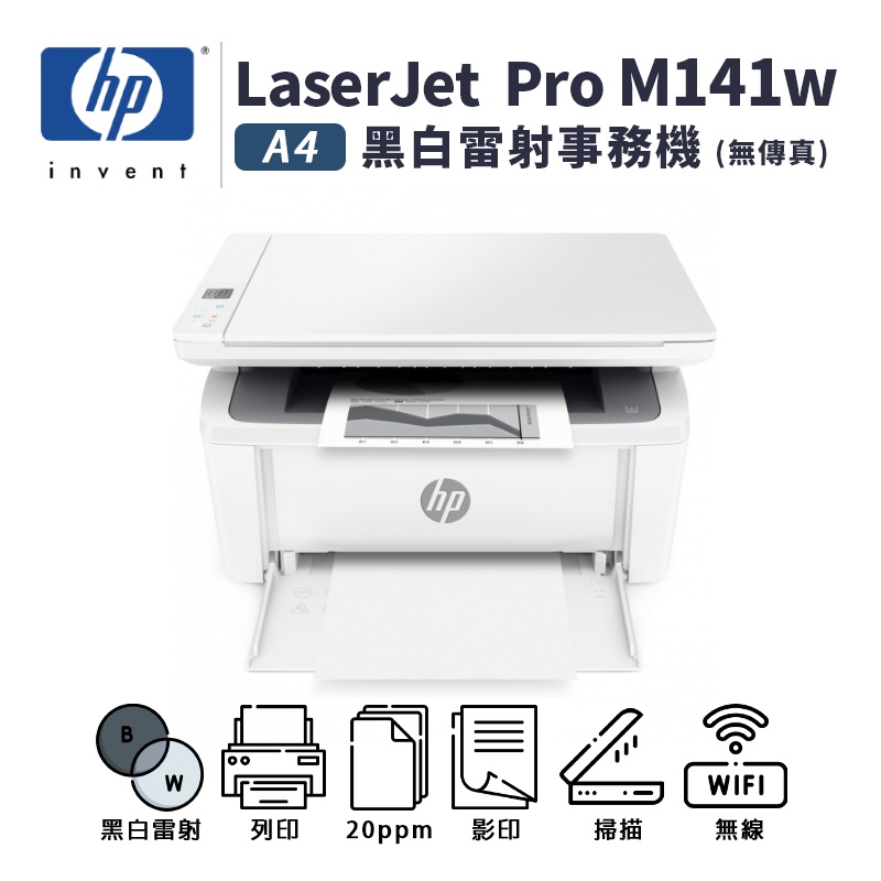 HP LaserJet Pro M141w A4黑白雷射多功能事務機(取代M28W)【居家辦公推薦】｜列印、影印、掃描｜