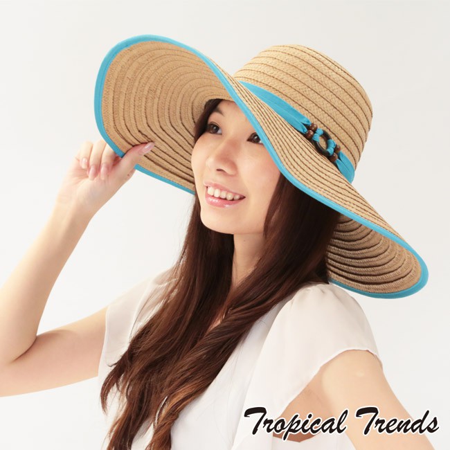 美國Tropical Trends 配色飾帶大帽簷渡假風遮陽草帽 天藍色 出清