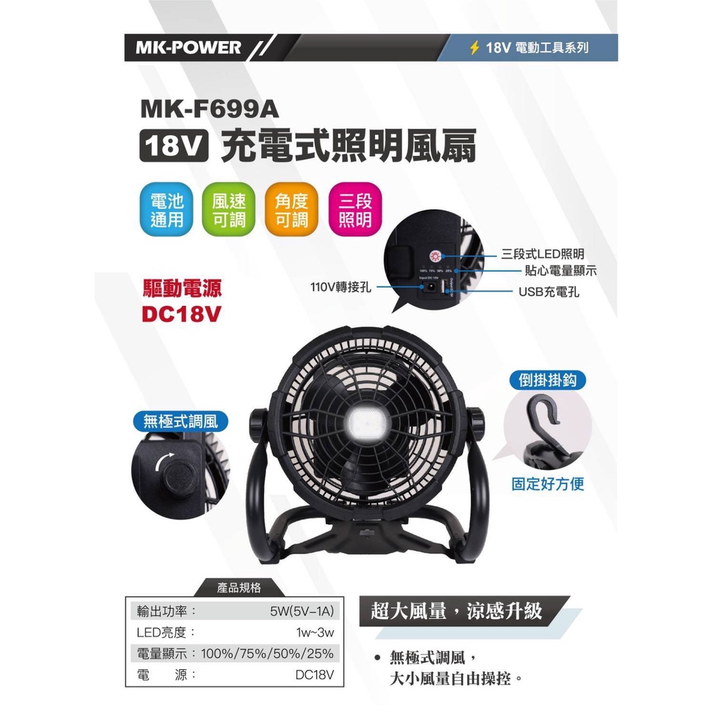 ~金光興修繕屋~MK POWER MK-F699A LED照明風扇 電風扇 充電式 18V 單主機 通用牧田18V電池