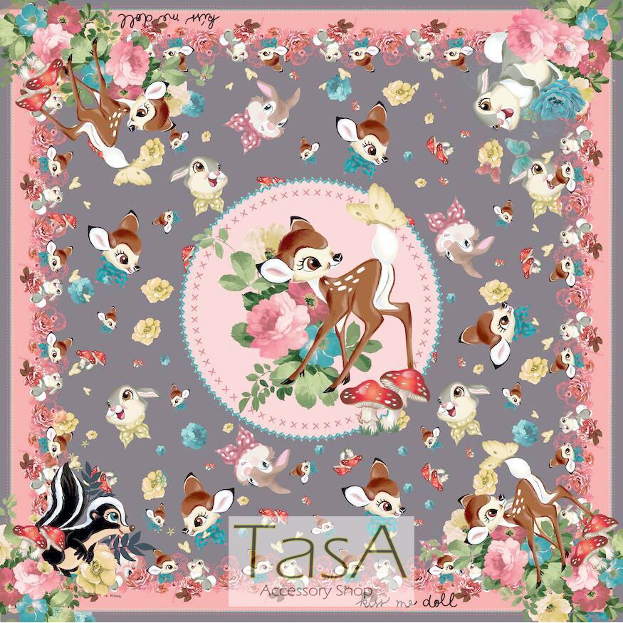 TasA Accessory shop-Kiss me doll泰國設計師品牌絲巾(現貨)-Disney系列 小鹿斑比派對款(灰色)