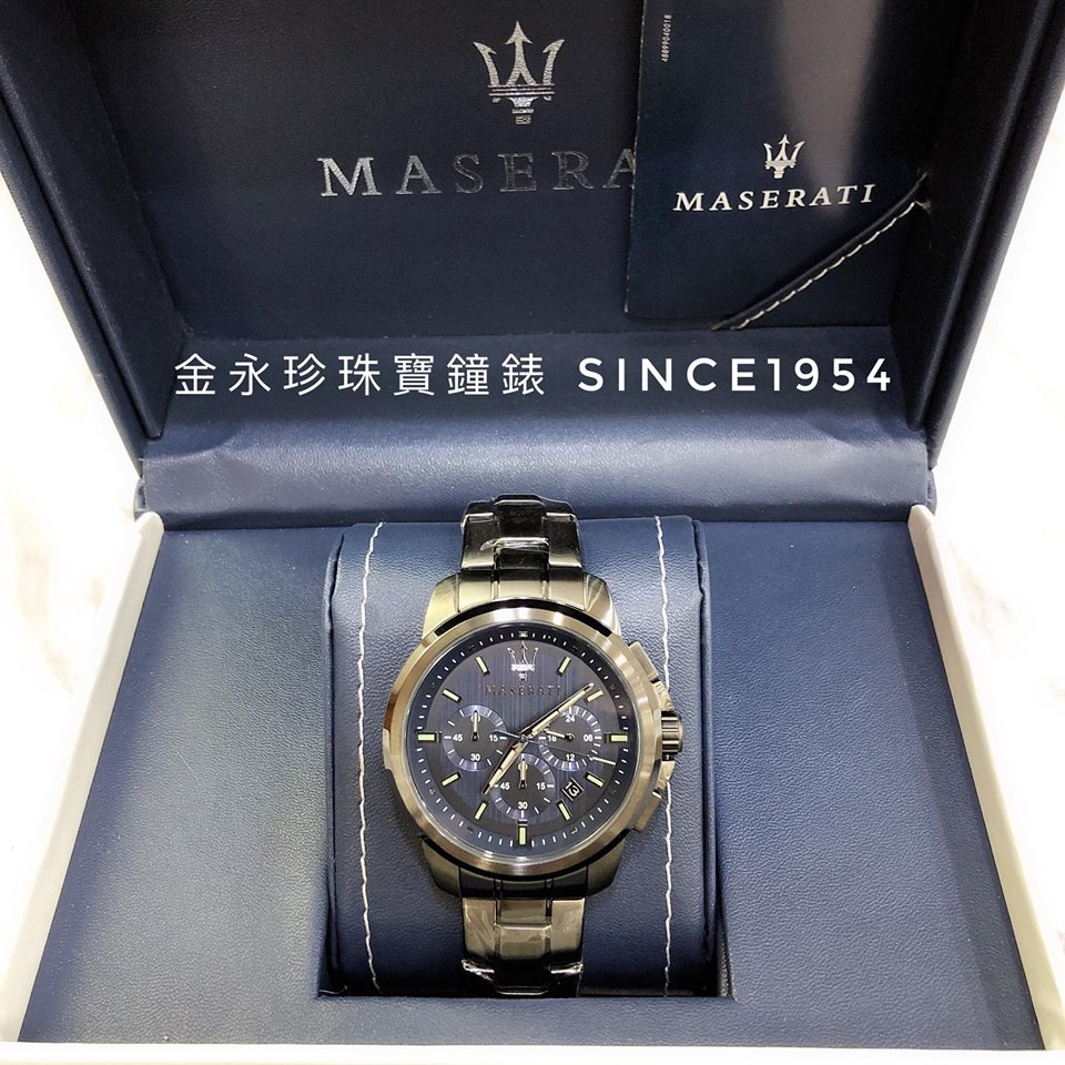 【金永珍珠寶鐘錶】實體店面*原廠 MASERATI 瑪莎拉蒂手錶 R8873621005 槍黑藍面三眼計時鋼錶 現貨*