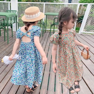 女孩露背碎花公主袖小洋裝 連衣裙 連身裙 短袖洋裝 女童 童裝 兒童 現貨 橘魔法【BB7760】