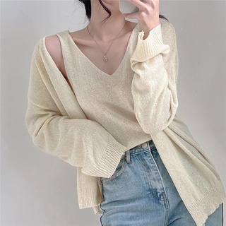 【XIAO ZHAI NV 小宅女】麻料針織背心小外套套裝 7色 清涼兩件套 夏季空調防晒衫