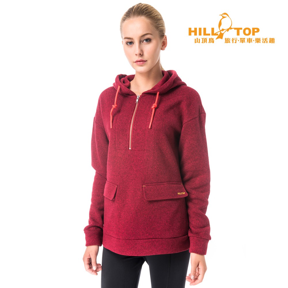 【Hilltop山頂鳥】女款 ZISOFIT 吸濕連帽長版刷毛上衣 H51FG8 暗紅