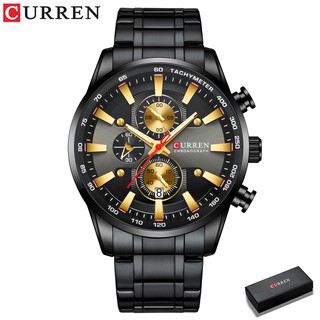 Curren 黑金男士手錶時尚石英運動手錶計時碼表時鐘日期手錶不銹鋼 8351