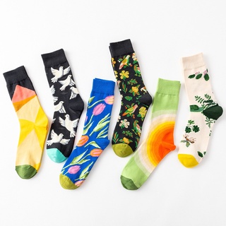 歐美風格創意潮流襪子 彩色中筒襪 個性花鳥寫生男襪