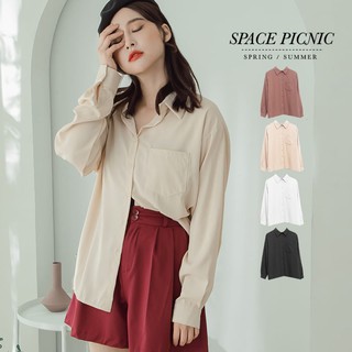 Space Picnic｜素面單口袋滑料長袖襯衫【C20053047】