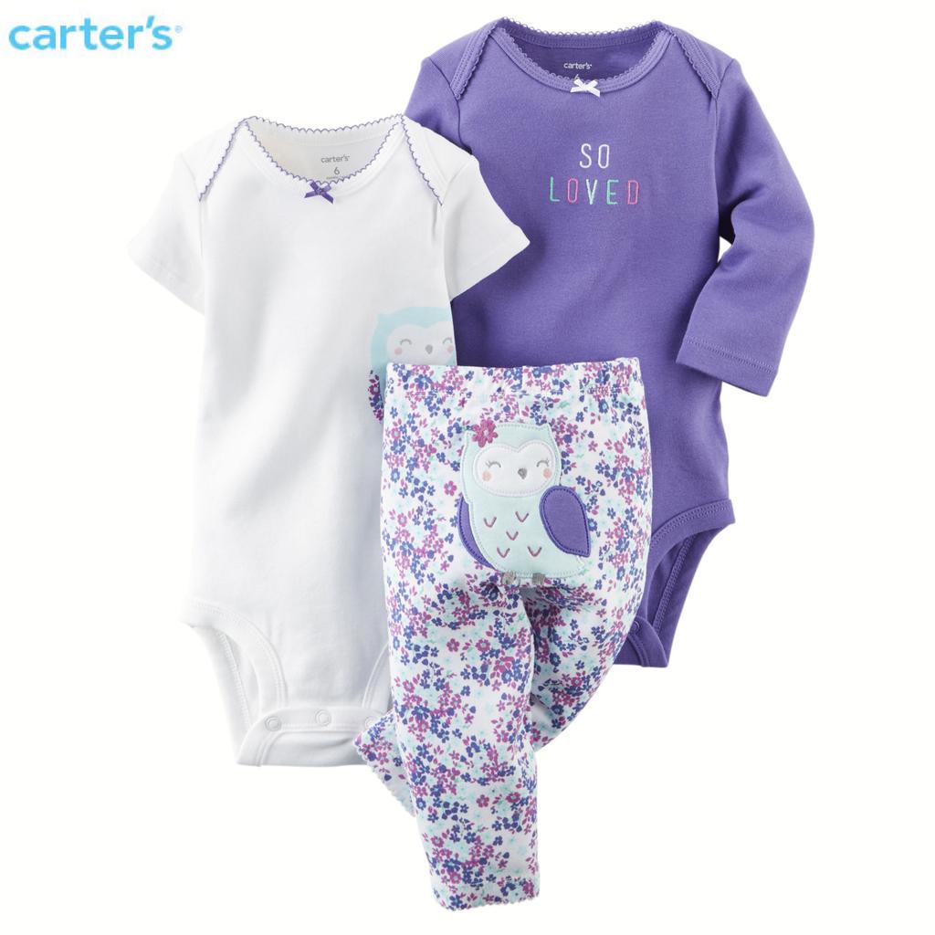 美國Carter's 女寶寶紫色碎花貓頭鷹長、短袖包屁衣＋長褲三件組3M-24M