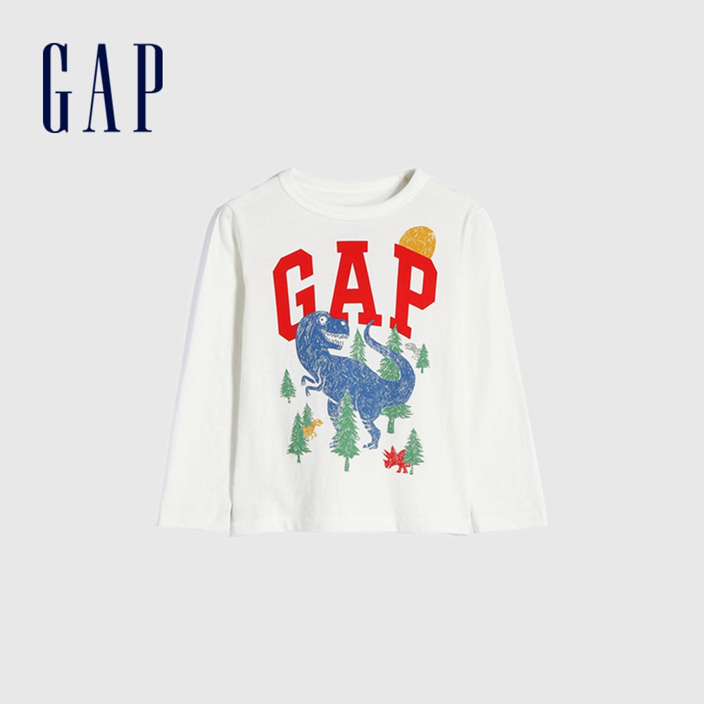 Gap 男幼童裝 Logo童趣印花長袖T恤-白色(652429)
