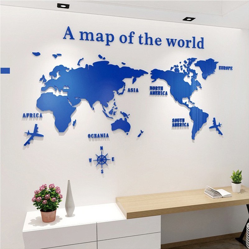 ［全新福利品出清］大號 深藍 3D壓克力世界地圖壁貼 立體 牆貼 房間裝飾 壁貼 復古世界地圖