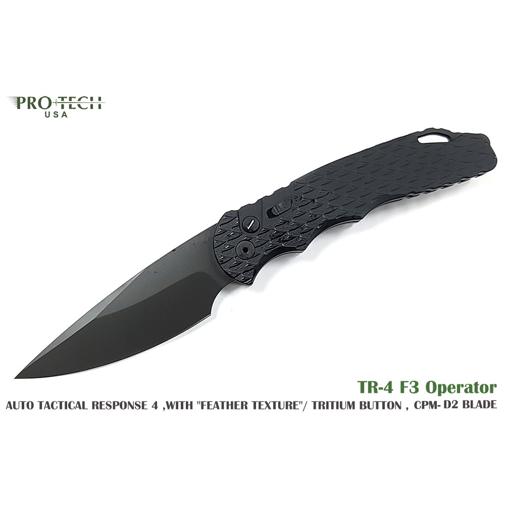 PROTECH Tactical Response TR-4 F3 黑鋁柄羽毛紋黑色刃彈簧刀 -D2鋼 /鑲氚管