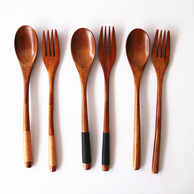 碗筷餐盤 橢圓長柄木質勺叉套裝勺叉兩件套