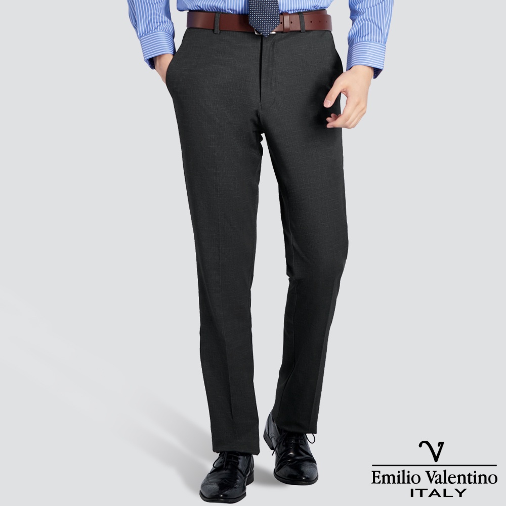 【Emilio Valentino】特級彈性修身平面西裝褲-麻灰