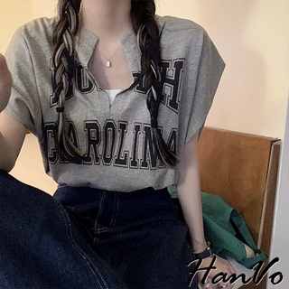 【HanVo】設計感開襟假兩件短款無袖T 韓版休閒小開領無袖上衣字母T 時尚百搭T恤上衣 女生衣著 A01-1273