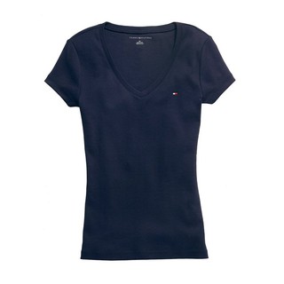 美國百分百【Tommy Hilfiger】T恤 女上衣 V領 T-shirt 短袖 LOGO 深藍 XS-M G789