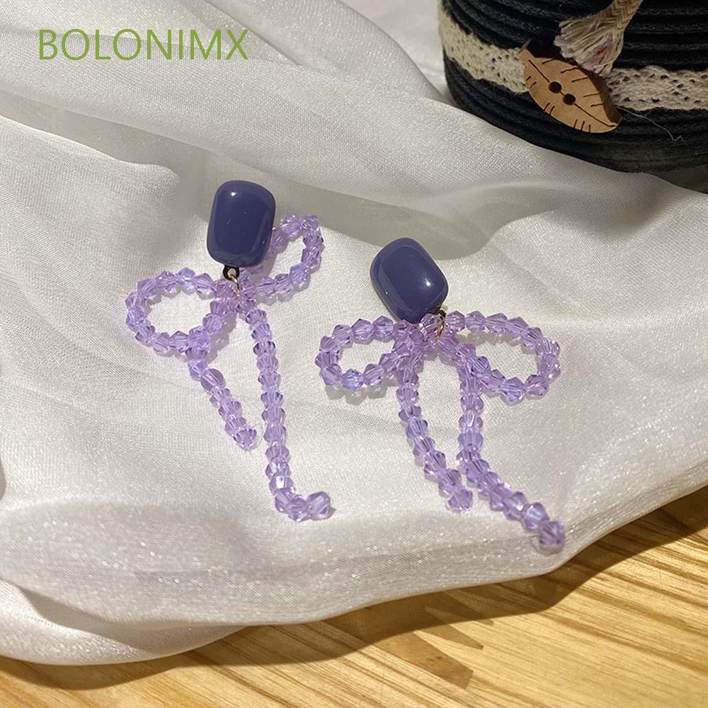 Bolonimx 長銀針紫色流蘇水晶弓耳夾吊墜耳環purple 蝦皮購物