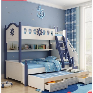 高低床兒童雙層床成年小戶型子母床交錯式兩層多功能藍色上下鋪床
