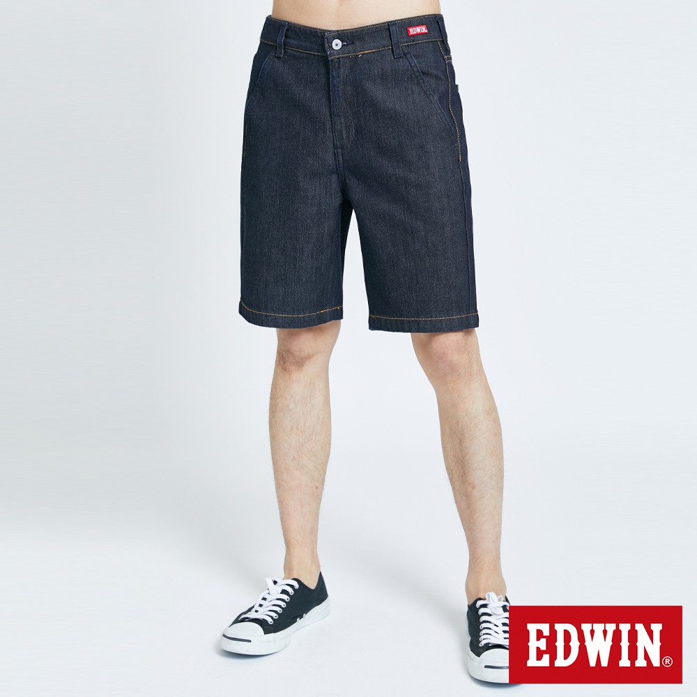 EDWIN 男款 斜袋LOGO牛仔短褲(原藍磨)