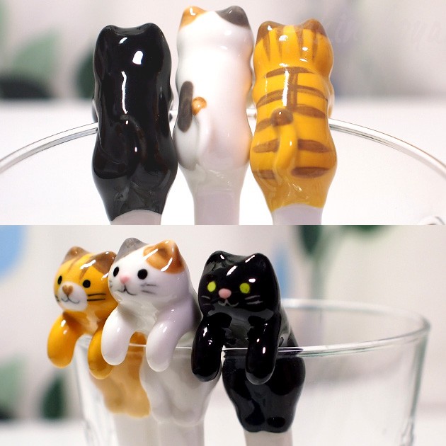 日本DECOLE 療癒貓咪 杯緣子 造型陶瓷湯匙 攪拌棒 虎斑貓 白貓 黑貓【MOCI日貨】